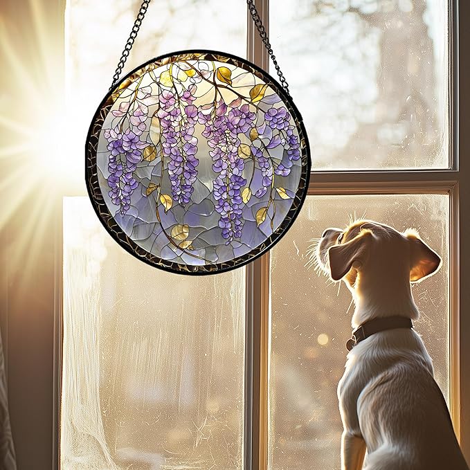 Stained Glass Window Hanging - Wisteria Flower Golden Leaves Sun Catcher for Door Home Decor Plant Suncatcher Christmas Mother's Day Birthday Gifts for Women Men Lovers Mom Nana 15 in