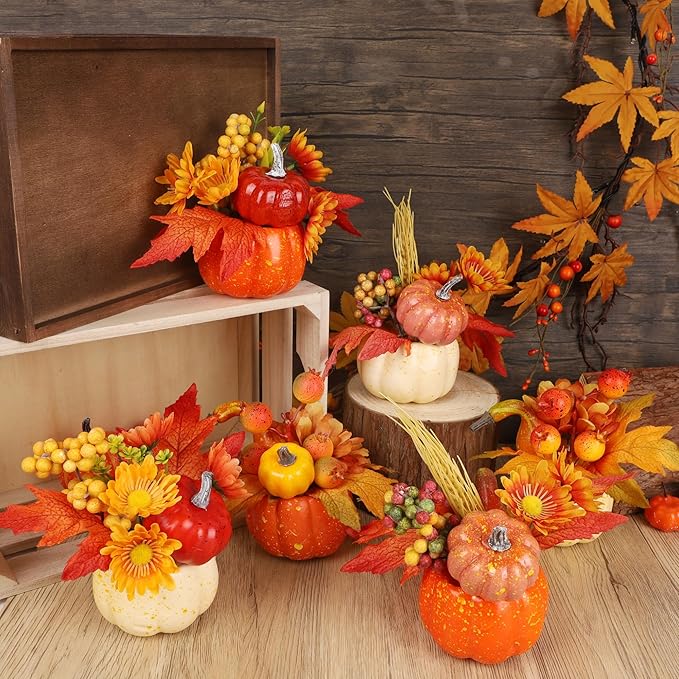 winemana Fall Decorations for Home - Set of 6 Artificial Pumpkins with Maple & Flowers, Thanksgiving Table Decor, Pumpkin Vases Centerpiece for Kitchen Office Indoor