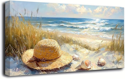 Beach Straw Hat Picture Printed Canvas Wall Art for Living Room, Office, Bedroom Wall Decor, Sea Landscape Wall Art Prints Modern Blue Yellow Landscape Artwork Waterproof Ready to Hang - 20x40 inches