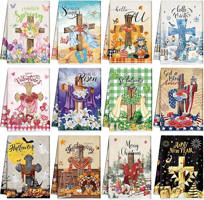 12 Pcs Seasonal Kitchen Towels Set for All Holidays Hand Dish Tea Towels Fall Halloween Christmas Cute Drying Dishcloths Decorative Absorbent Wash Cloths(Cross Style,Vivid Color)
