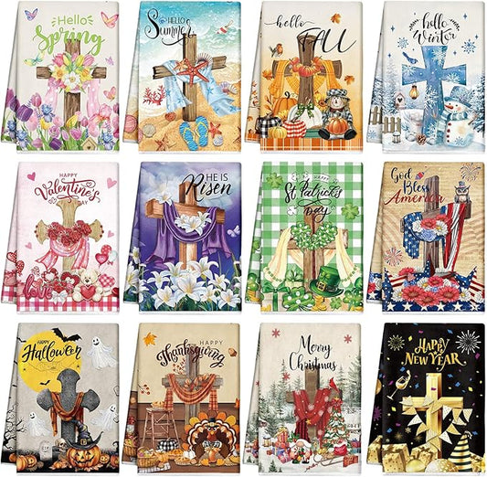 12 Pcs Seasonal Kitchen Towels Set for All Holidays Hand Dish Tea Towels Fall Halloween Christmas Cute Drying Dishcloths Decorative Absorbent Wash Cloths(Cross Style,Vivid Color)