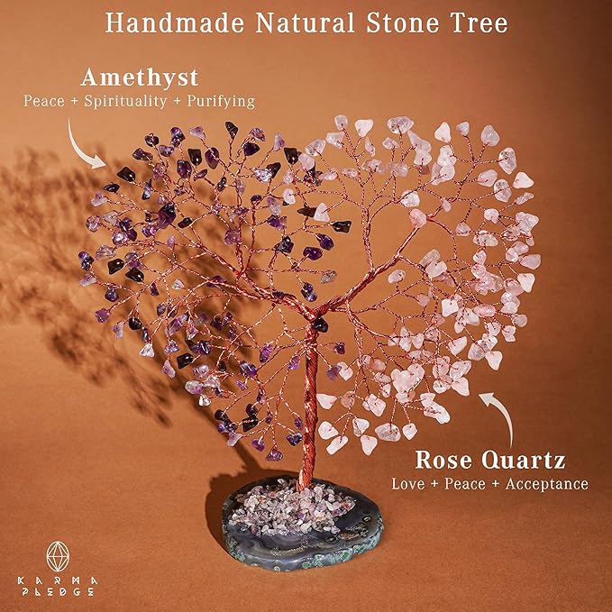 Crystal Tree for Home and Office Decoration, Amethyst & Rose Quartz Healing Stones Handmade Tree of Life for Positive Energy, Money, Good Luck, Christmas Decor, Birthday Gifts for Women, Mom