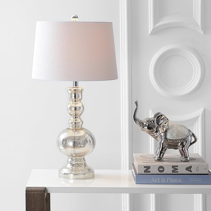 JONATHAN Y JYL1061D-SET2 Set of 2 Table Lamps Genie 28.5" Glass LED Table Lamp Contemporary Transitional Bedside Desk Nightstand Lamp for Bedroom Living Room Office College Bookcase, Mercury Silver