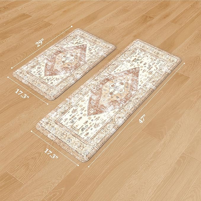 KIMODE Farmhouse Kitchen Mats,Anti Fatigue Kitchen Rugs Sets of 2, Non Slip Waterproof Kitchen Floor Mats, Ergonomic Cushioned Comfort Standing Mat for Laundry, Office, Sink,Desk,Mutil-Khaki