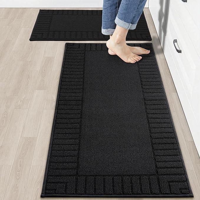 BEQHAUSE-Kitchen-Rugs-and-Mats,2 PCS Non Slip Kitchen Floor Mat,Absorbent Kitchen Mat Set Machine Washable Kitchen Runner Rug Black Kitchen Mat 20x30inch/20x48inch