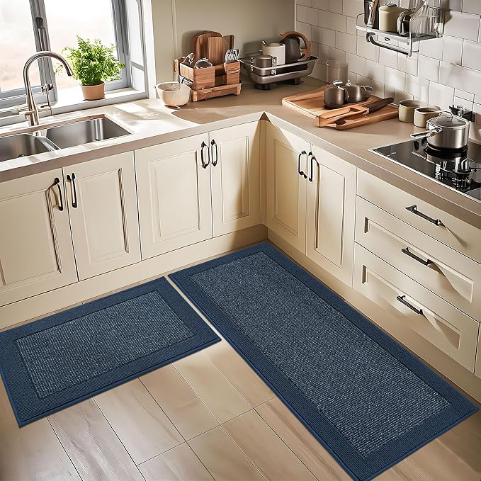 BEQHAUSE Kitchen Rugs and Mats Set of 2 Non-Slip Kitchen Mats for Floor, Absorbent and Stain Resistant Kitchen Runner, Machine Washable Rugs for Kitchen, Laundry & Sink, 24"x36"+24"x60", Blue
