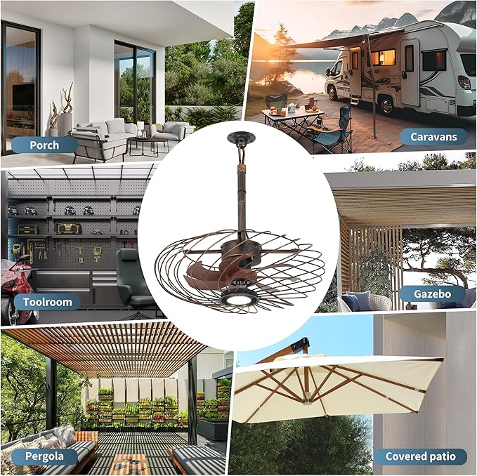 20" Outdoor Ceiling Fan with Light, Waterproof Gazebo Fan Remote Control, Dimmable LED Light, Hanging Black Caged Ceiling Fixtures with Plug in Cord for Patios Pergola, Black Gold