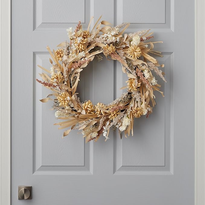 26 inch Golden Wild Flower Wreath, Artificial Flax Grass, Mini Mums, Wild Delphinium, & Millet, Neutral Color, Indoor Fall Home Decor, Front Door Display - by Seasonal LLC