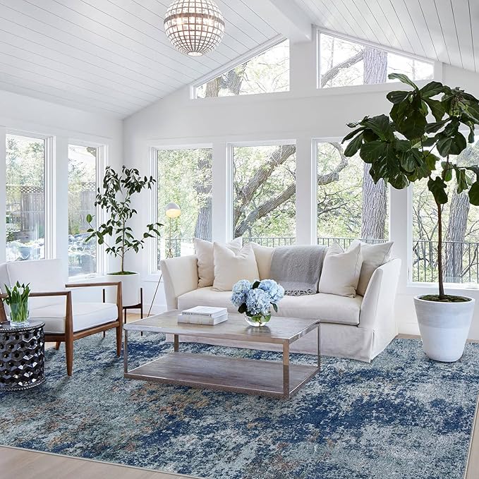 8x10 Area Rugs for Living Room: Large Machine Washable Area Rug with Non Slip Backing Non Shedding Abstract Stain Resistant Carpet for Bedroom Dining Room Nursery Home Office - Blue