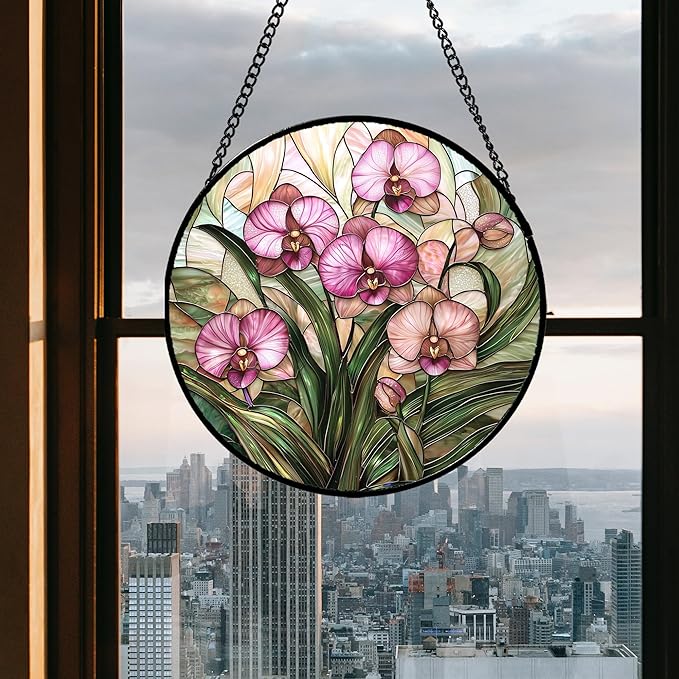 Stained Glass Window Hanging - Pink Phalaenopsis Orchid Green Leaves Sun Catcher for Door Home Decor Flower Suncatcher Christmas Mother's Day Birthday Gifts for Women Men Mom Nana 11.8 in