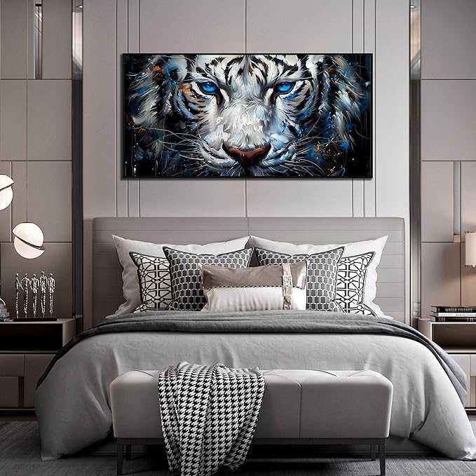 ZHAOSHOP White Tiger Art Wall Decor for Living Room - Black and White Office Decor for Men - Black Framed Canvas Wall Art Size 29" x 59"