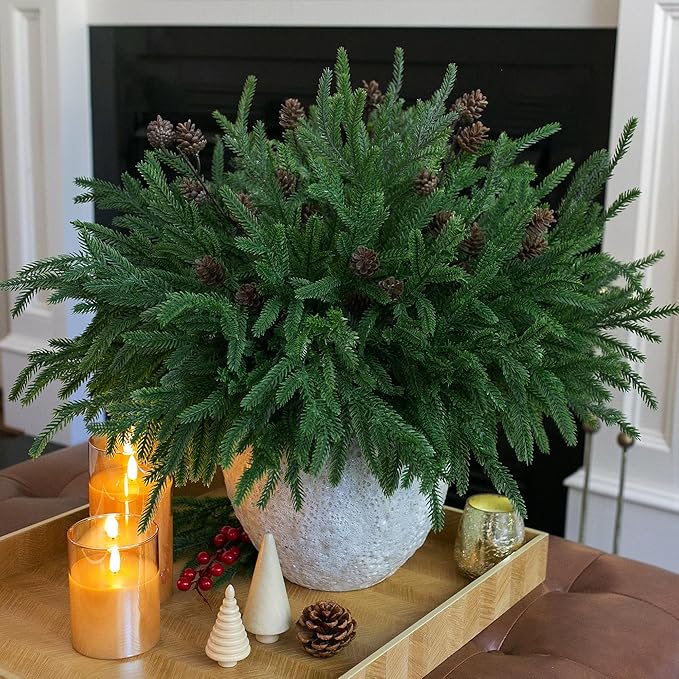 Artificial Christmas Norfolk Pine Stems Branches for Vases,12 Bundles Fake Pine Stems with 2 PCS Small Pinecones Branches Faux Evergreen Real Touch Greenery for Xmas Holiday Winter Table Indoor Decor