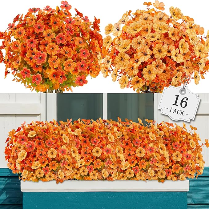 AGIRL 16 Bundles Artificial Fall Flowers Outdoor Indoor Decoration,No Fade Autumn Fake Plastic Plants with Eucalyptus Leaves,Faux Mums for Thanksgiving Garden Front Door Porch Patio Fall Decor