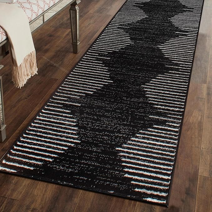 Rugshop Bohemian Stripe Stain Resistant High Traffic Living Room Kitchen Bedroom Dining Home Office Runner Rug 2'7" x 6' Black