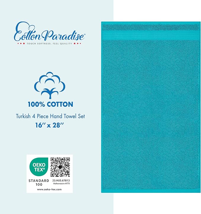 Cotton Paradise Hand Towels for Bathroom, 100% Cotton Turkish 4 Piece Hand Towel Set, Soft Absorbent Face Towels, Aqua Blue Hand Towels
