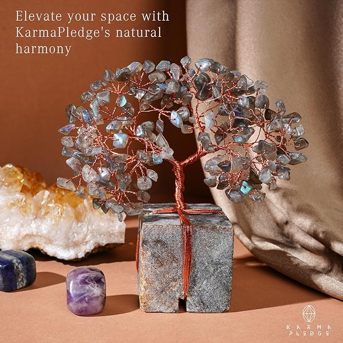 Crystal Tree of Life Feng Shui Decor for Home and Office, Labradorite Chakra Healing Crystal Handmade Tree for Positive Energy, Money, Good Luck, Christmas Decor, Birthday Gifts for Women