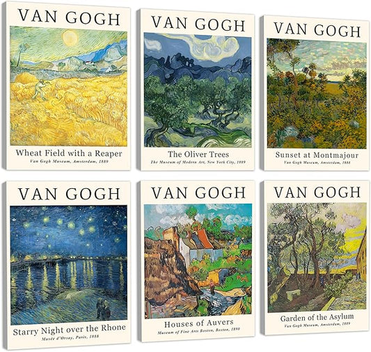 COSCTOR Set of 6 Vincent Van Gogh Wall Art Decor Canvas Vintage Retro Famous Artist Colorful Posters and Prints for Living Room Bathroom Bedroom Hallway Kitchen (Framed, 12x16)