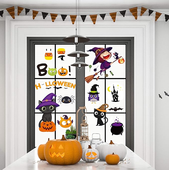 MISS FANTASY Halloween Window Clings - Halloween Window Decorations Stickers Decals Decor Cute Pumpkin Ghost Decor for Room Bathroom Kitchen