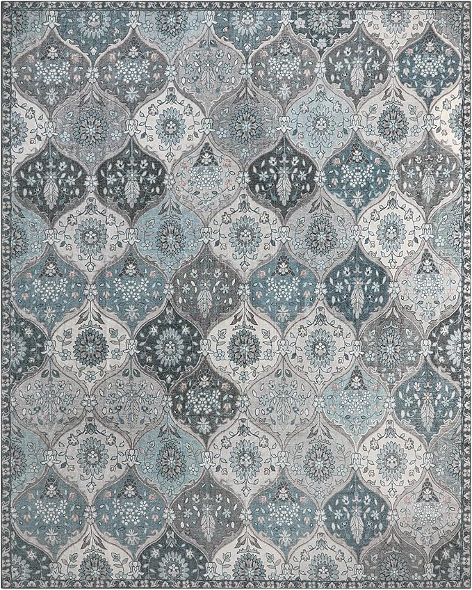 Lahome Moroccan Trellis Washable Rugs 9x12, Soft 9x12 Area Rug for Living Room Bedroom, Ultra-Thin Non-Slip Non Shedding Distressed Throw Large Carpet for Dining Room Office, Blue