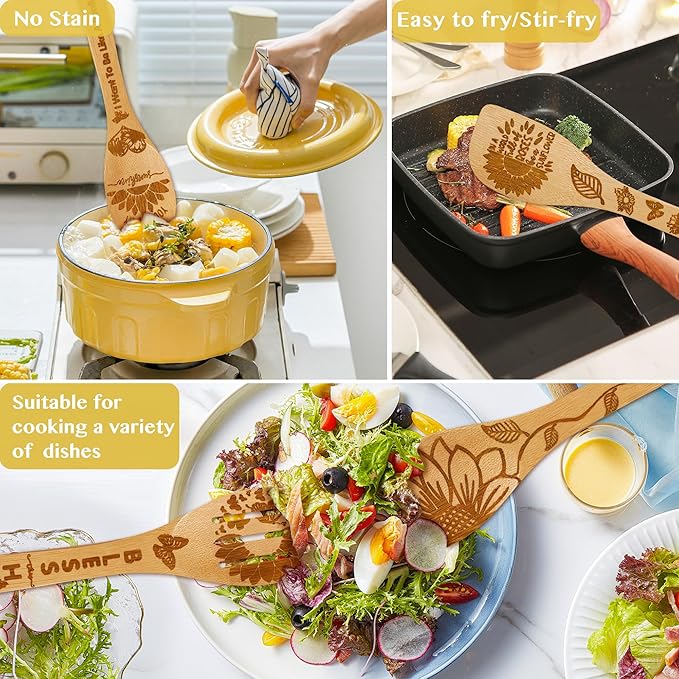 Sunflower Kitchen Decor Utensil Set -Bamboo Cooking Spoon with Apron Oven Mitt Pot Holder -Sunflower Kitchen Accessories,Home Decorations Gifts for Women-Housewarming,Birthday Gift,8PCS
