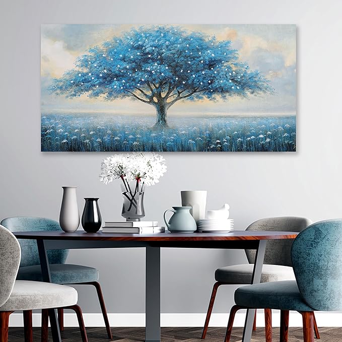 Glvzygy Blue Tree of Life Wall Art Abstract Modern Artwork Canvas Painting Textured Tree Pictures Wall Decor Home Decor Wall Ready to Hang for Bedroom Living Room Size 24"x48"