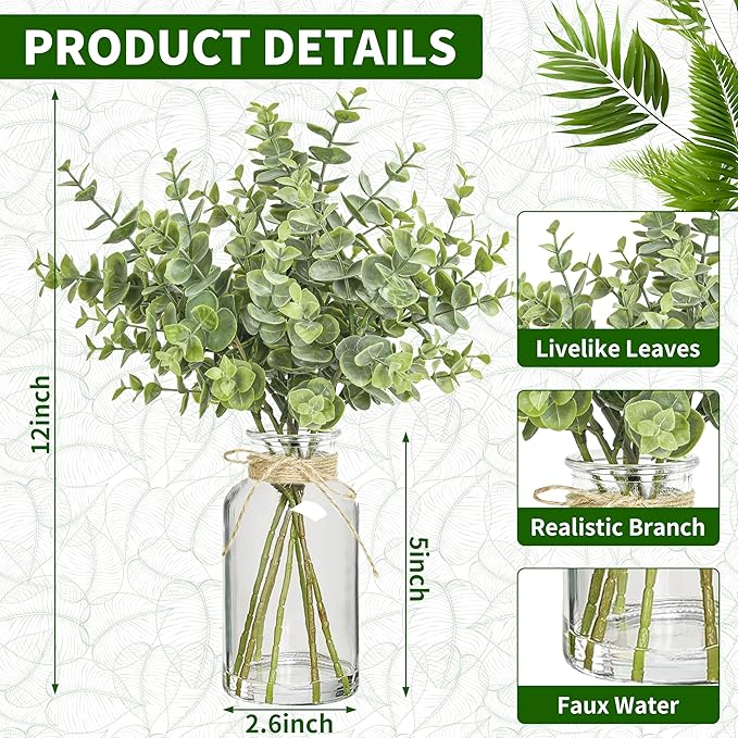 12" Artificial Eucalyptus Stems in Glass Vase with Faux Water, Realistic Eucalyptus Leaves Fake Plant Branch Greenery Decoration for Home Farmhouse Bathroom Kitchen Wedding Centerpiece Table Décor