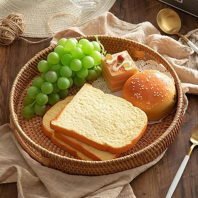 14.2" Round Rattan Tray, Hand Woven Serving Tray with Handles, Wicker Serving Basket, Decorative Tray for Home Decor, Natural