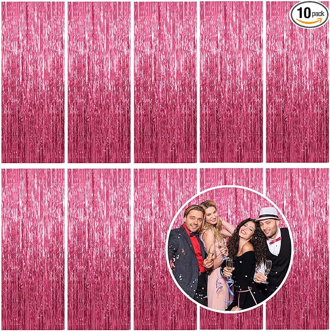 10 Pack Foil Curtain Backdrop Pink Metallic Tinsel Foil Fringe Curtains Photo Booth Props for Birthday Wedding Engagement Baby Shower Bachelorette Christmas Holiday Celebration Party