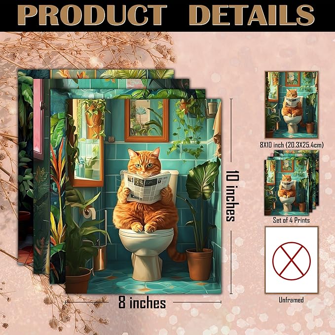 FITIE Funny Orange Cat Bathroom Wall Art Prints Set of 4, Tropical Botanical Funny Orange Cat on Toilet Wall Art Posters for Bathroom Washroom Restroom Decor, 8x10 Unframed