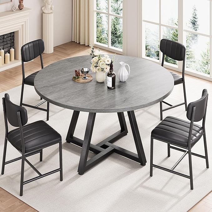 42“ Round Kitchen Dining Room Table for 2-4, Circle Dining Dinner Table with Pedestal Metal Frame, Space Saving Wood Industrial Furniture for Small Space (Grey, 42IN)