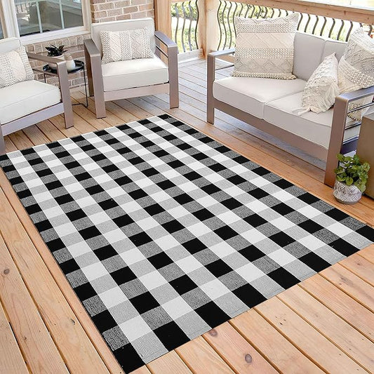 KOZYFLY Buffalo Plaid Area Rug 5 x 7 Ft Black and White Checkered Rug Washable Outdoor Patio Rugs Cotton Rugs for Living Room Carpet for Dining Room Bedroom Farmhouse Rug