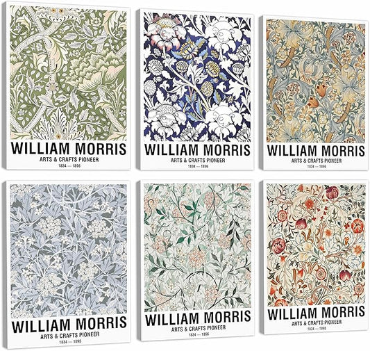 COSCTOR Set of 6 William Morris Wall Art Decor Canvas Framed 6 Pieces Vintage Abstract Minimalist for Bedroom Living Room Bathroom Hallway Home Decoration(Framed, 12x16)