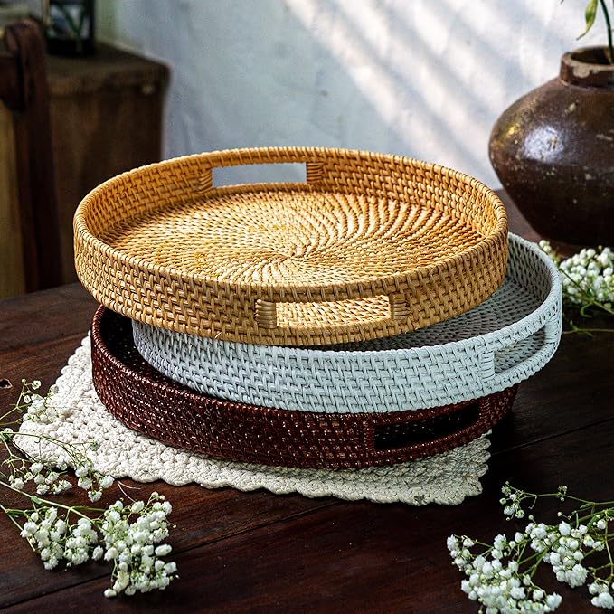 JUNGLE CULTURE Large Rattan Serving Tray 14" in Whitewash • Round Table Basket • Wicker Ottoman Trays with Handles for Coffee Table, Bed Side or Couch • Flat Circle Woven Tray • Boho Farmhouse Decor
