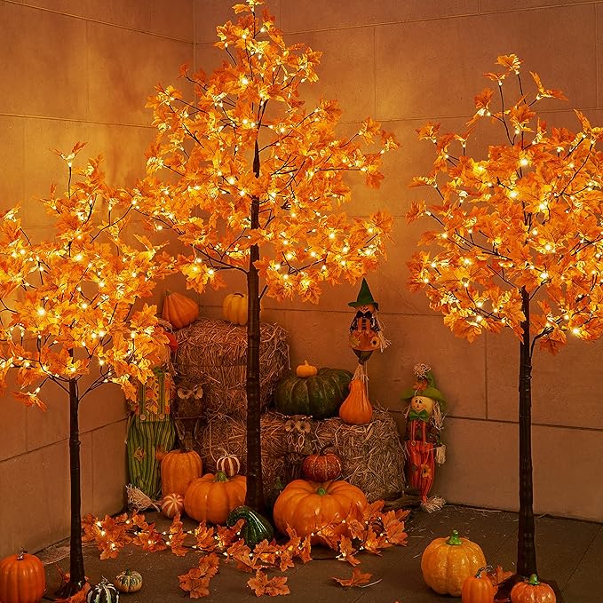 LIGHTSHARE 5FT 96LED Artificial Lighted Maple Tree Warm White Halloween Fall Decorations Indoor Ourdoor, Orange