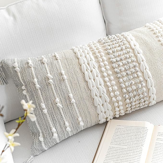 Gray Decorative Lumbar Pillow Cover 14x36, Boho Long Throw Pillow for Bed, Accent Lumbar Throw Pillow Case, Modern Farmhouse Textured Lumbar Cushion (Cover ONLY)