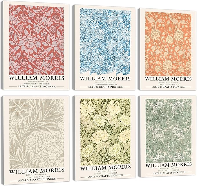 COSCTOR Set of 6 William Morris Wall Art Decor Canvas Framed 6 Pieces Vintage Abstract Minimalist for Bedroom Living Room Bathroom Hallway Home Decoration(Framed, 9x12)