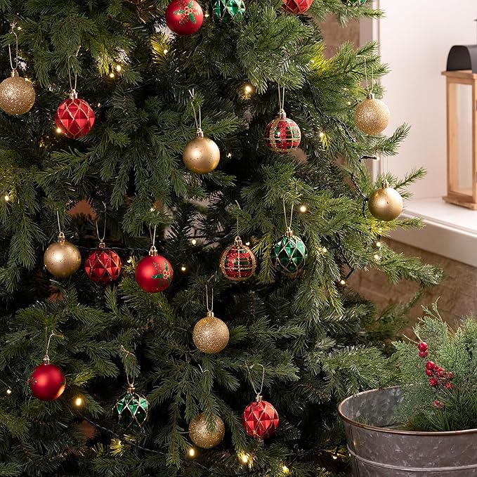 Valery Madelyn Christmas Ornaments Set, 30ct 2 Inches Red Green and Gold Shatterproof Christmas Tree Decorations Ball Ornaments Bulk, Traditional Country Hanging Decor for Xmas Holiday Party