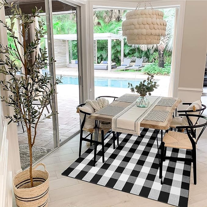 KOZYFLY Buffalo Plaid Area Rug 5 x 7 Ft Black and White Checkered Rug Washable Outdoor Patio Rugs Cotton Rugs for Living Room Carpet for Dining Room Bedroom Farmhouse Rug