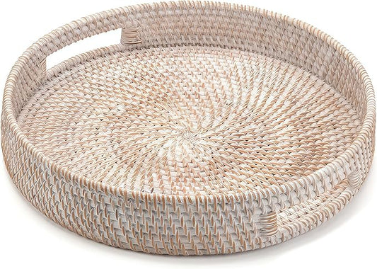 14.2" Round Rattan Tray, Hand Woven Serving Tray with Handles, Wicker Serving Basket, Decorative Tray for Home Decor, Whitewash