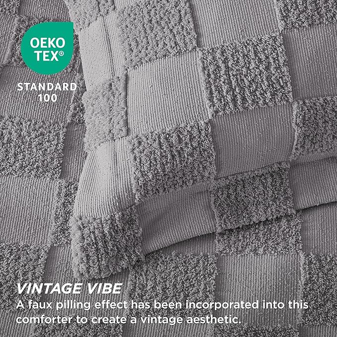 Bedsure Queen Size Comforter Set Grey, Boho Tufted Bed Set, Checkered Farmhouse Shabby Chic Bedding, 3 Pieces, 1 Plaid Geometric Comforter and 2 Pillow Shams