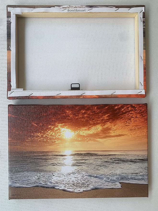 Baisuart-S0150 Canvas Prints Wall Art Sunset Ocean Beach Pictures Photo Paintings for Living Room Bedroom Home Decorations Modern Stretched and Framed Seascape Waves Landscape Giclee Artwork