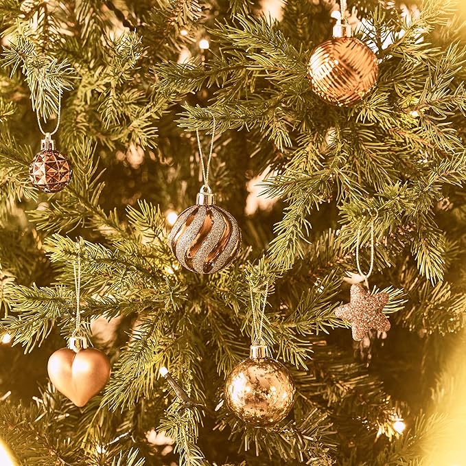 Valery Madelyn 28Pcs Christmas Heart Shaped Ornaments Gift Pack, Bronze Copper Gold Craft Painted Tree Heart Decorations, Christmas Baubles Hanging Indoor Holiday Party Xmas Decor