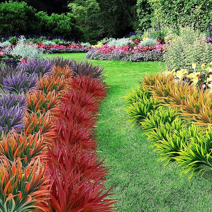 12 Pcs Artificial Outdoor Plants UV Resistant Tall Fake Grass Plants Bushes Faux Tropical Flowers Décor Fall Winter Summer Planters Patio Front Door Porch Plastic Greenery & Shrubs Decoration