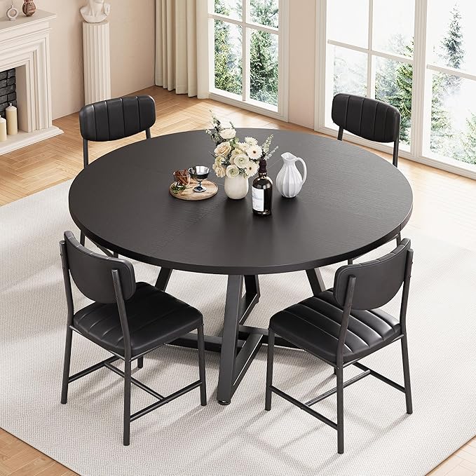 42“ Round Kitchen Dining Room Table for 2-4, Circle Dining Dinner Table with Pedestal Metal Frame, Space Saving Wood Industrial Furniture for Small Space (Black, 42IN)