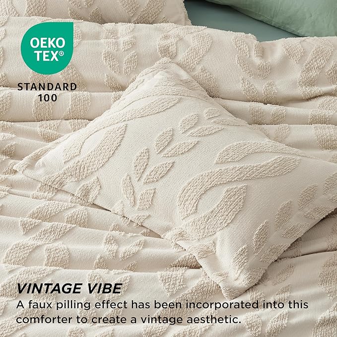 Bedsure King Size Comforter Set Beige, Boho Tufted Bed Set, Farmhouse Jacquard Cable Knit Pattern Bedding, 3 Pieces, 1 Shabby Chic Fluffy Comforter & 2 Pillow Shams