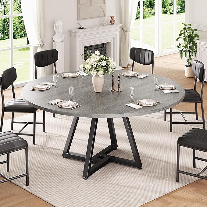 51“ Round Kitchen Dining Room Table for 6-8, Circle Dining Dinner Table with Pedestal Metal Frame, Space Saving Wood Industrial Furniture for Small Space (Grey, 51In)