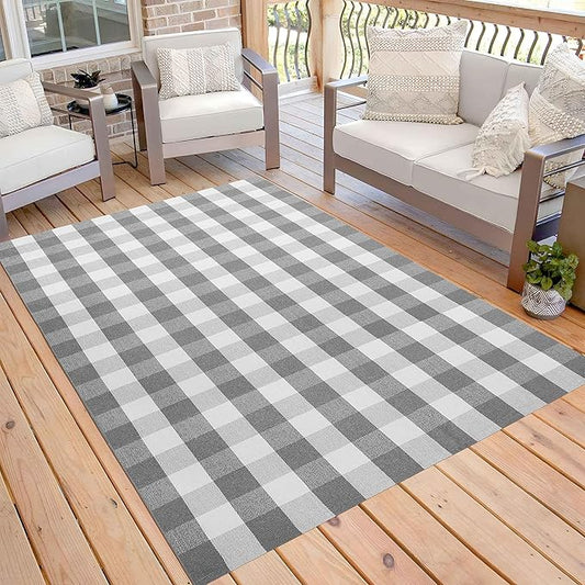 KOZYFLY Buffalo Plaid Area Rug 5 x 7 Ft Gray and White Checkered Rug Washable Outdoor Patio Rugs Cotton Rugs for Living Room Carpet Dining Room Bedroom Farmhouse Rug