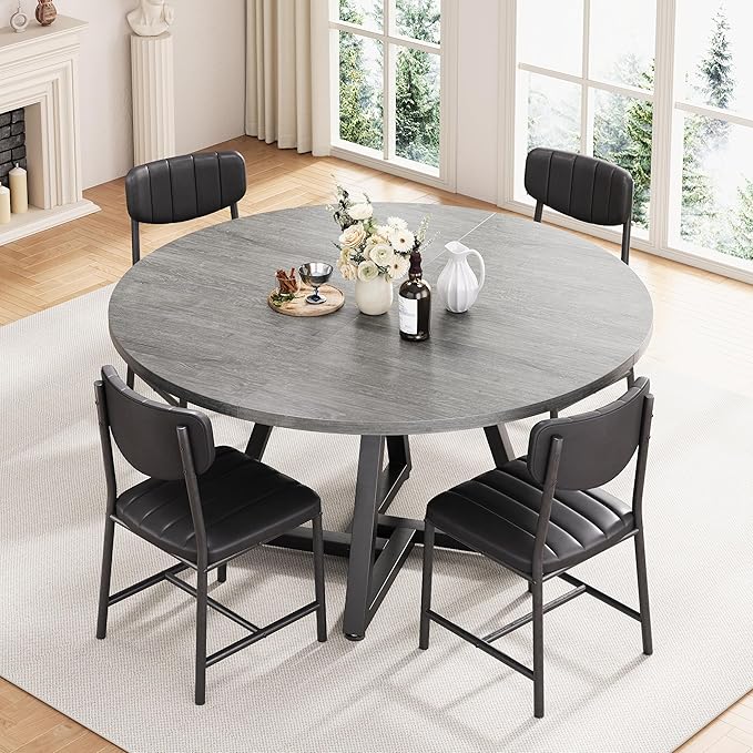 42“ Round Kitchen Dining Room Table for 2-4, Circle Dining Dinner Table with Pedestal Metal Frame, Space Saving Wood Industrial Furniture for Small Space (Grey, 42IN)
