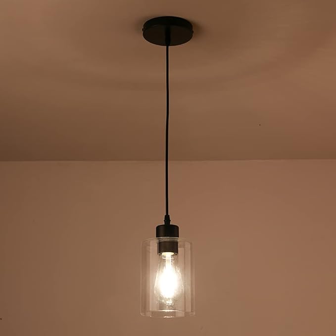 Modern Black Farmhouse Clear Glass Cylinder Pendant Light Fixture,Island Lights for Kitchen,Mini Pendant Lighting for Kitchen Island Decor - 4.75 Inch Shade 58 Inch Cord (Black 2 Pack)