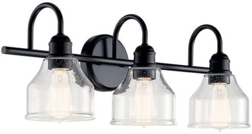 KICHLER Avery 24" 3-Light Bathroom Vanity Light in Black with Clear Seeded Glass for Bathroom and Powder Room Vanity, Industrial Styling, (24" W x 9.5" H x 8.25" Ext.), 45973BK